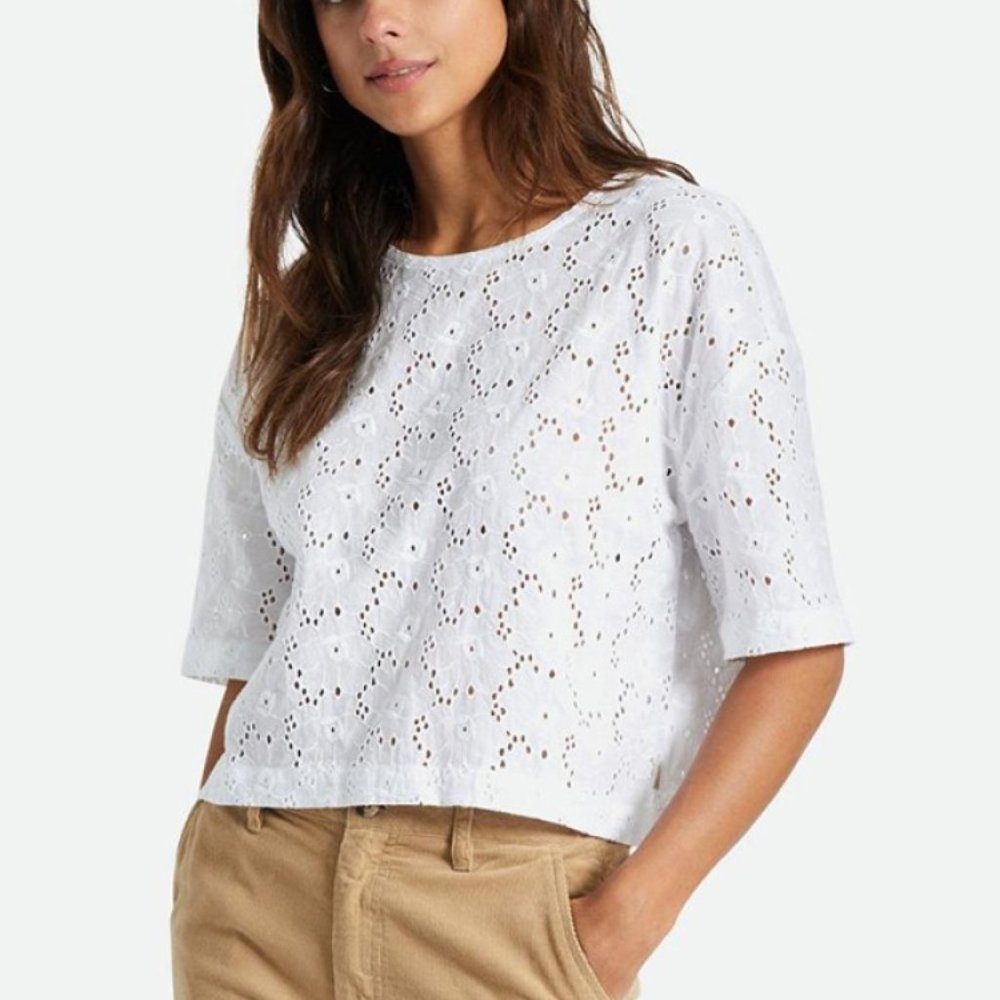 NWT Brixton Women's Amalfi Eyelet Short Sleeve Woven Shirt in White
